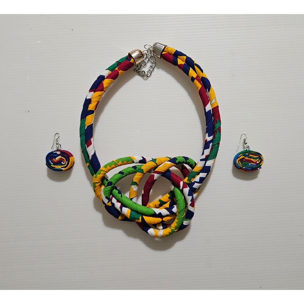 African Wax Print Fabric Knot‎ Necklace and Earring Set Multicolor